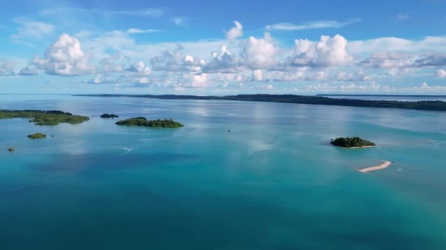 Derawan, Indonesia: Aerial drone panorama of the stunning Maratua lagoon and island in east Kalimantan in Indonesian Borneo. 