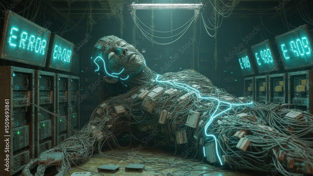 Poster overloaded android system failure in a dark futuristic technological nexus