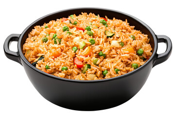  Fried rice with vegetables in a black pot, isolated on a transparent background