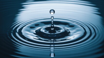 Perfectly formed water droplet suspended mid-air above expanding concentric blue ripples