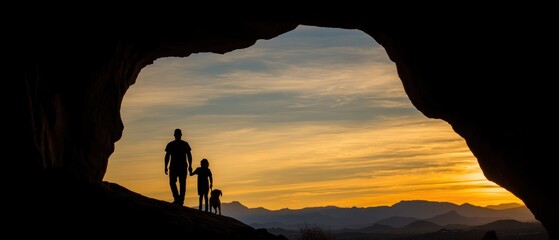 A parent and child stand at the entrance of a cave, looking out at a colorful sunset over distant mountains.
