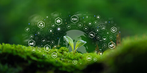 ESG concepts, planting trees for the environment, society and governance in sustainable and ethical business operations and net zero carbon emission technologies, global environmental organizations