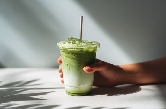 Iced matcha latte held in hand