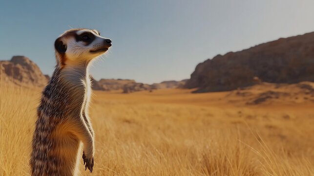 Curious meerkat standing tall on its hind legs scanning the arid landscape for predators golden desert hues ultra realistic details