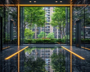 Modern lobby with city views