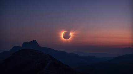 Solar Eclipse Majesty: Radiant Corona Illuminates Twilight Sky Over Serene Mountain Silhouettes