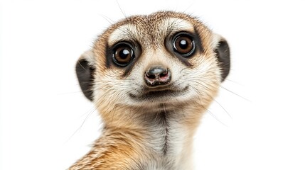 Curious meerkat tilting its head detailed fur texture and expressive eyes isolated on a white background