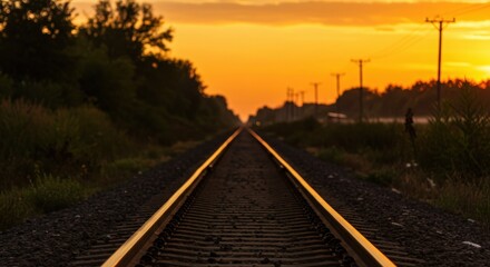 Obraz premium Railroad track at sunset stretching into the distance with a warm golden hour landscape glow 