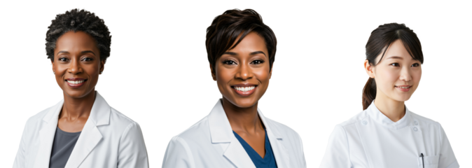 Group of Three Diverse Female Medical Professionals in Lab Coats Smiling