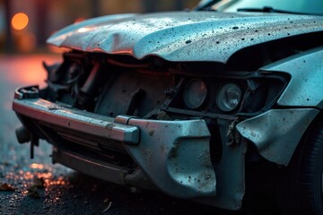 Close-up of a severely damaged car after a fatal accident, twisted metal, shattered glass, airbag deployed, signifying the deadly consequences of a collision , shattered glass, car crash