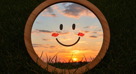 Round mirror with smiley face reflecting a sunset sky representing joy and perspective 