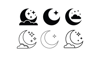 Moon and Stars Icon Set – Night Sky Vector Collection in Solid and Outline Style with Clouds and Crescent Moon Elements
