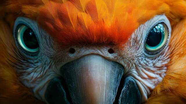 Intimate Portrait of a Sun Conure: Captivating Gaze and Vibrant Plumage Close-up
