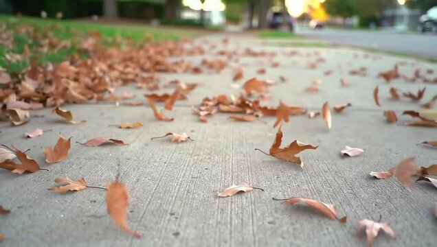Medium shot of dry orange and brown leaves skittering across a concrete sidewalk in gusts of wind.
