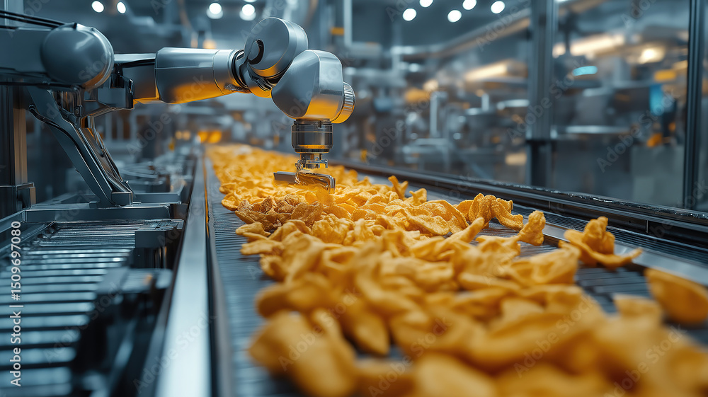 Poster advanced robotic arm technology sorting fried food items on a production line in a modern factory se