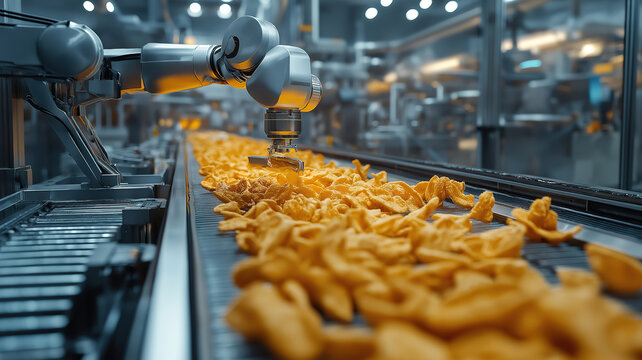 Advanced robotic arm technology sorting fried food items on a production line in a modern factory setting