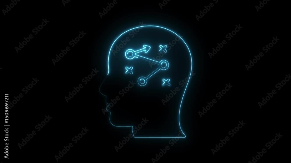 Aufkleber neon head with strategy map concept depicting problem solving and creative thinking animated visuali