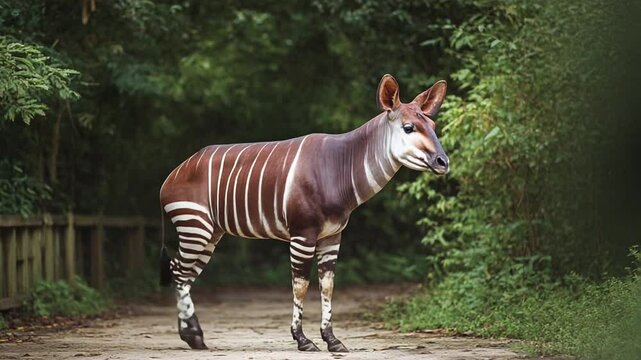 Striped animal walking along a forest path