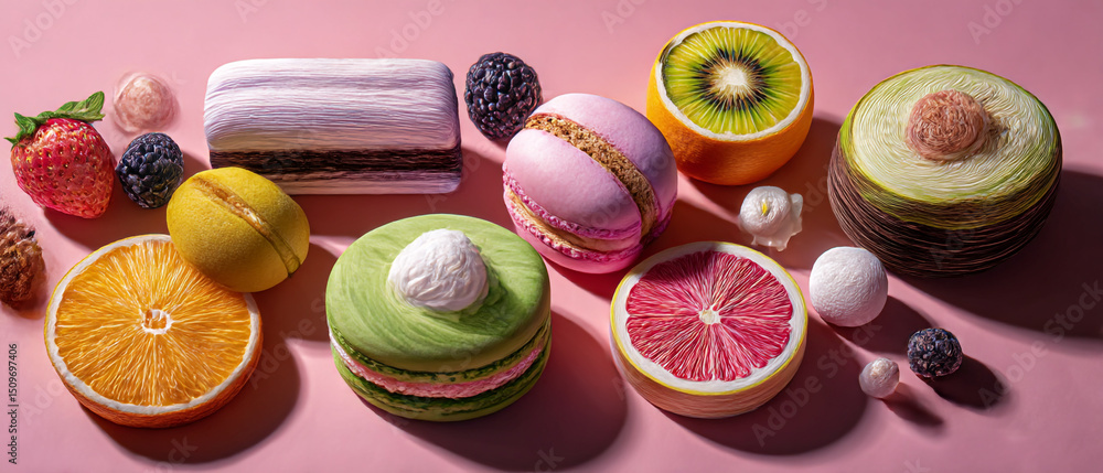 Poster artistic display of fruit macarons and fruit slices on a pink background in a studio setting