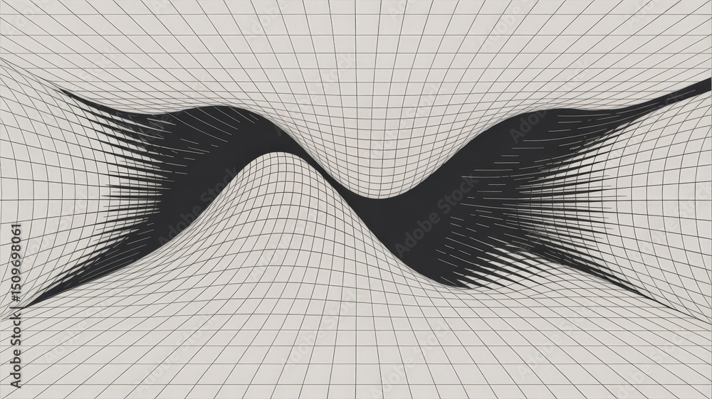 Poster undulating void symmetrically warping a digital grid continuum
