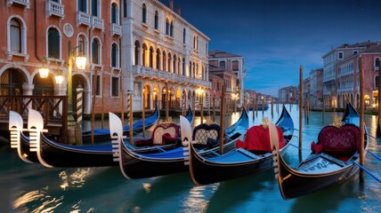 Timeless Venice: Gondolas Gently Bobbing on Illuminated Canal Waters at Dusk