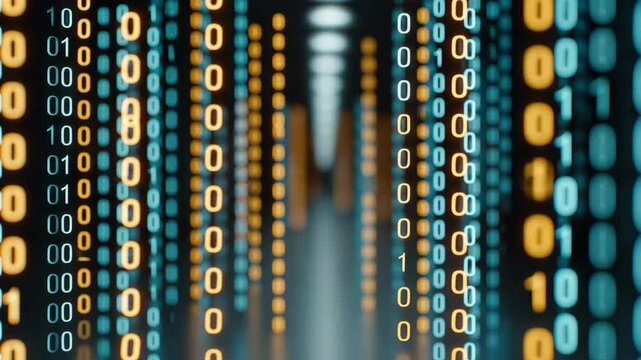 Binary code flowing through a digital space, representing data processing and technology. The vibrant visuals create a sense of depth and information.
