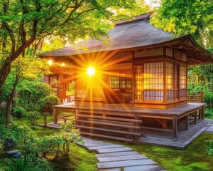 Japanese garden gazebo at sunset