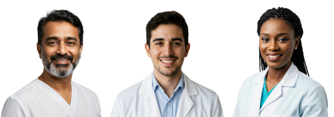 Diverse Medical Team of Three Healthcare Professionals With Different Ethnicities Introduced by Smiles and White Coats