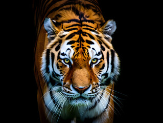 Dangerous wild striped Siberian tiger portrait on black background