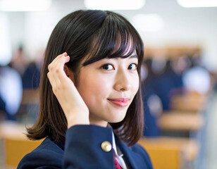 手で髪をかき上げる若い女性/
Young woman brushing her hair up with her hand