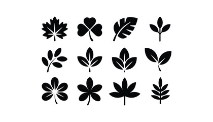 Minimalist Leaf Icons in Flat Design silhouettes on white background