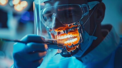 Cybernetic dental specialist repairing a robots mechanical teeth with precision lasers high tech futuristic setting