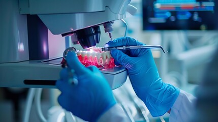 Cybernetic dental specialist repairing a robots mechanical teeth with precision lasers high tech futuristic setting
