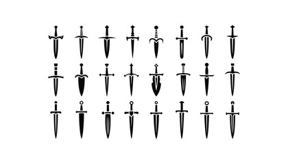 Set of Black Silhouette Medieval Swords and Daggers Icons – Vector Design Elements for Fantasy, Gaming, and Heraldry