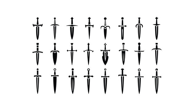Set of Black Silhouette Medieval Swords and Daggers Icons &ndash; Vector Design Elements for Fantasy, Gaming, and Heraldry