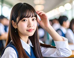 手で髪をかき上げる若い女性/
Young woman brushing her hair up with her hand