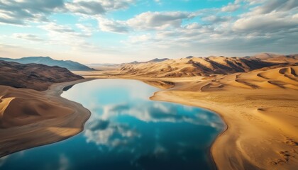 A serene lake reflecting clouds amid golden desert sands 4. Generative AI