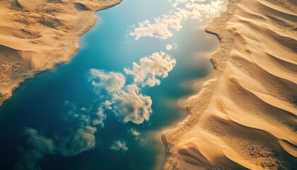 A serene lake reflecting clouds amid golden desert sands 3. Generative AI