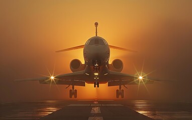 Jet landing in a golden sunset haze