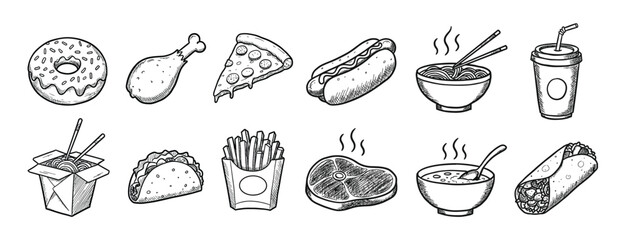 A collection of 16 hand-drawn black-and-white food illustrations in vector style.