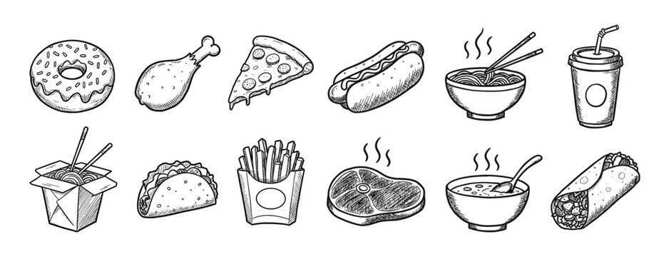 A collection of 16 hand-drawn black-and-white food illustrations in vector style.
