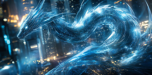 Cybernetic dragon coiling around a neon lit skyscraper its biomechanical scales reflecting the electric city lights futuristic concept