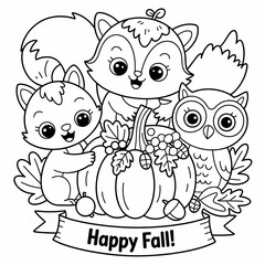  fall outline, fall coloring page, fall coloring, summer coloring, kawaii animal coloring, outline, illustration, cute coloring book cover, cover, cute kids illustration, cartoon cover, cartoon illust