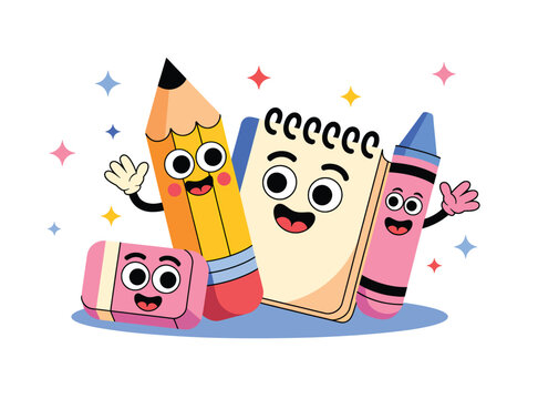 Happy Cartoon School Supplies Vector &ndash; Pencil & Crayon Friends