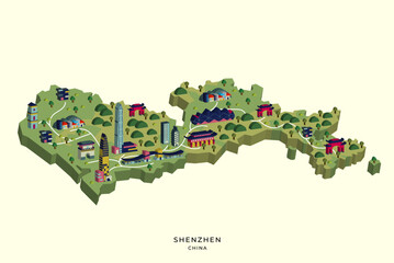 Isometric 3d flat Shenzhen China infographic map design