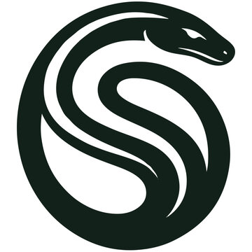 A black stylized snake curves into a circle with a visible head and simple eye