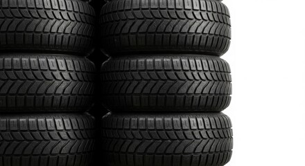 Stack of four black car tires arranged vertically on plain background for automotive use 