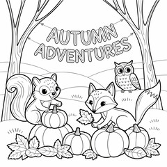  fall outline, fall coloring page, fall coloring, summer coloring, kawaii animal coloring, outline, illustration, cute coloring book cover, cover, cute kids illustration, cartoon cover, cartoon illust