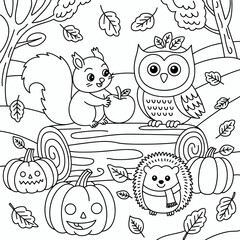  fall outline, fall coloring page, fall coloring, summer coloring, kawaii animal coloring, outline, illustration, cute coloring book cover, cover, cute kids illustration, cartoon cover, cartoon illust