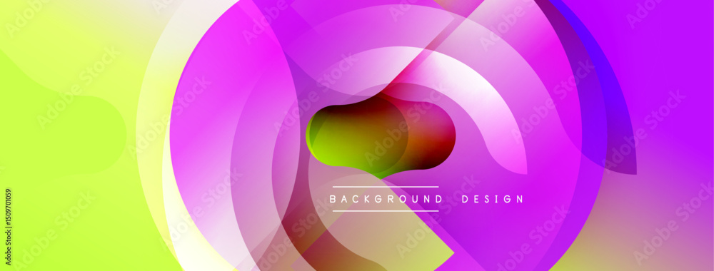Poster Abstract vibrant circles overlap. Yellow, purple, pink hues blend creating dynamic visual effect. Modern design element.